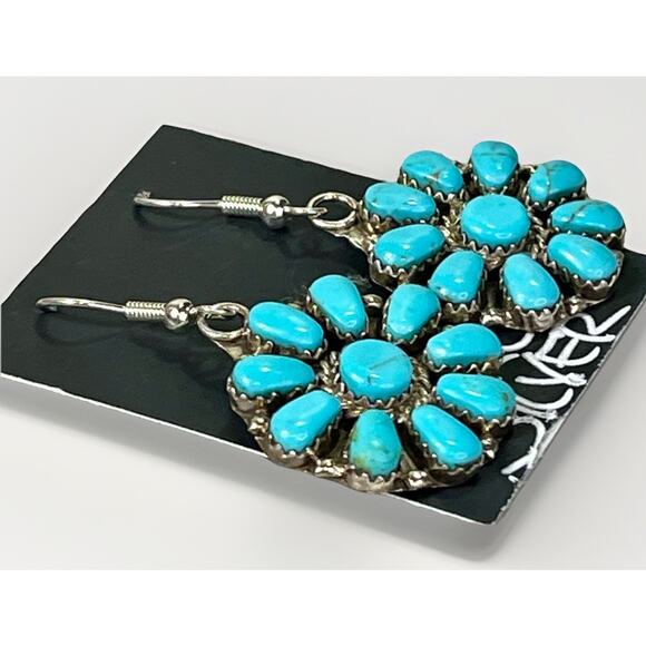 Navajo JB Sterling Silver Turquoise Cluster Dangle Earrings Junior Begay NEW - Picture 2 of 13